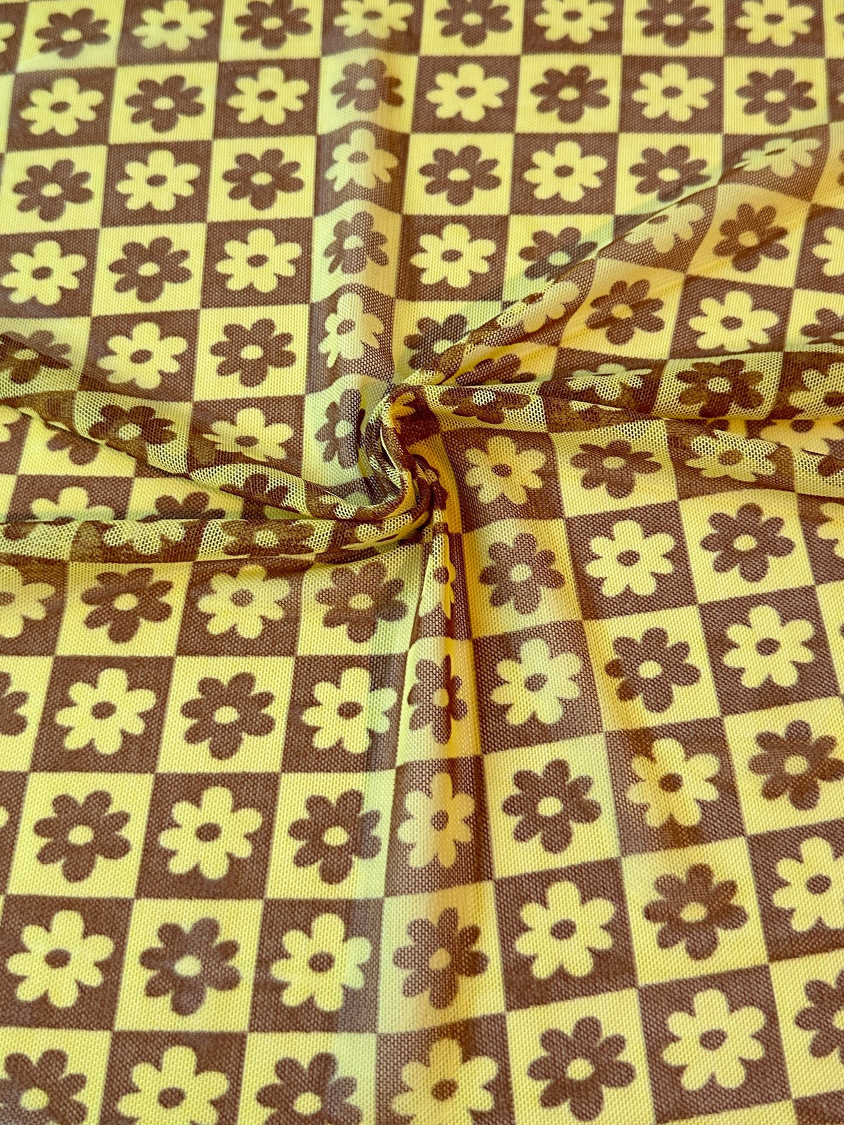 Printed Power Mesh Yellow Floral Checkered