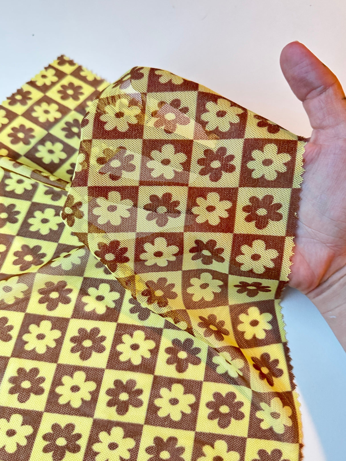 Printed Power Mesh Yellow Floral Checkered