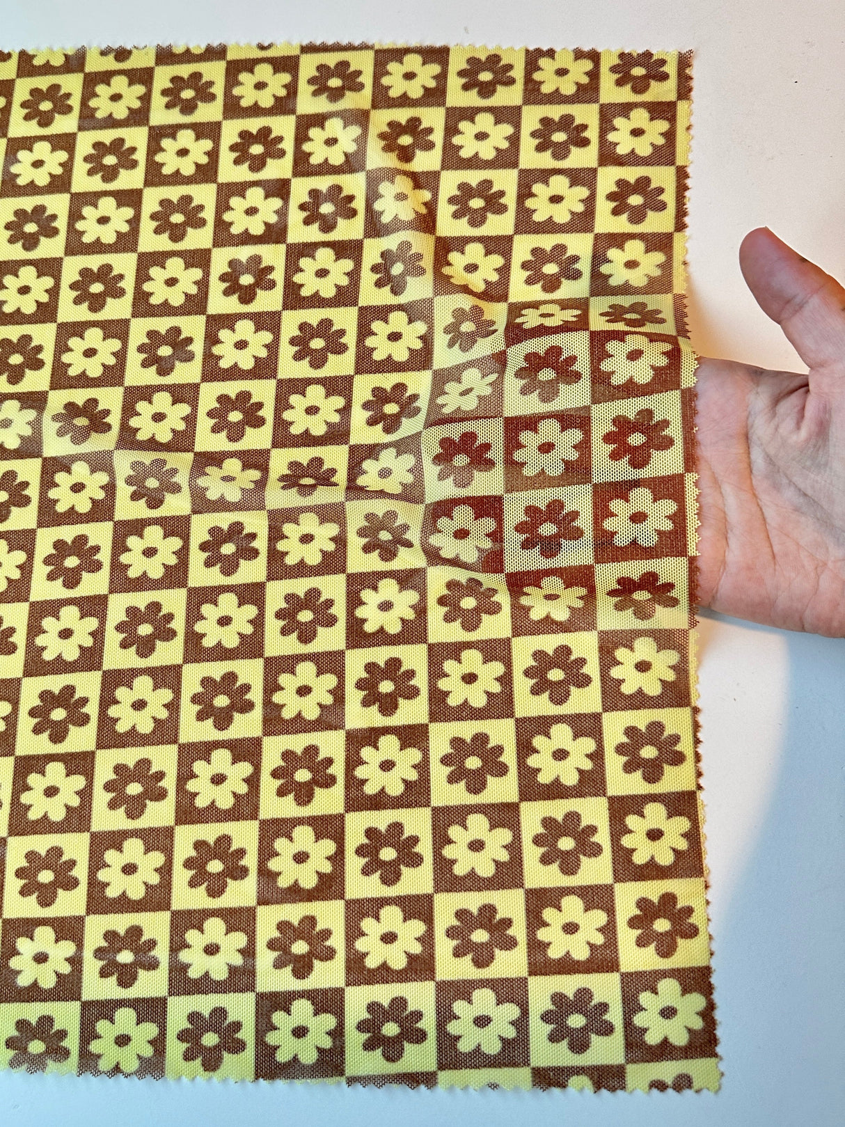 Printed Power Mesh Yellow Floral Checkered