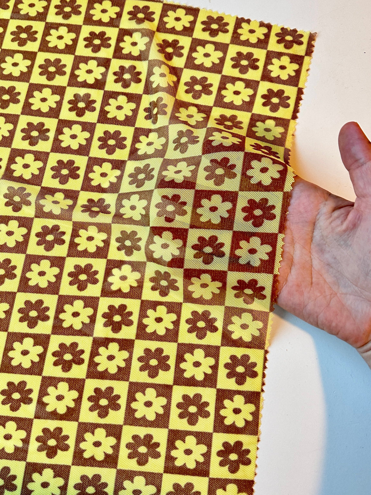 Printed Power Mesh Yellow Floral Checkered