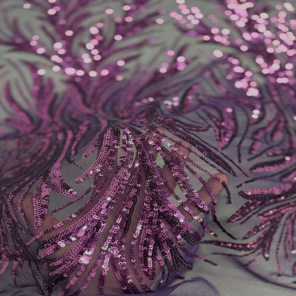 Ariba Floral Leaf Stretch Sequins Fabric - Nylon Spandex Mesh Fabric, 4-Way Stretch, 60" Width, 52" Sequins Width (1 Yard)