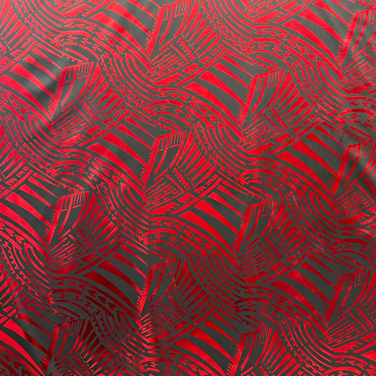 Traditional Polynesian Pattern Polyester Foil Fabric - Red & Black, 60" Width (1 Yard)