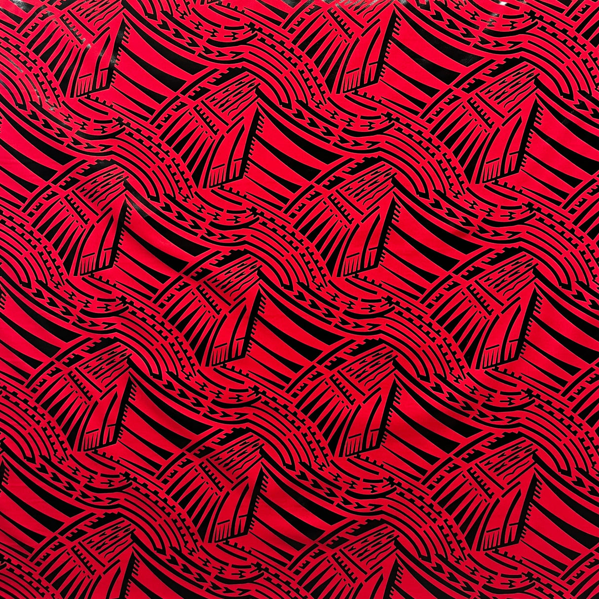 Traditional Polynesian Pattern Polyester Foil Fabric - Red & Black, 60" Width (1 Yard)