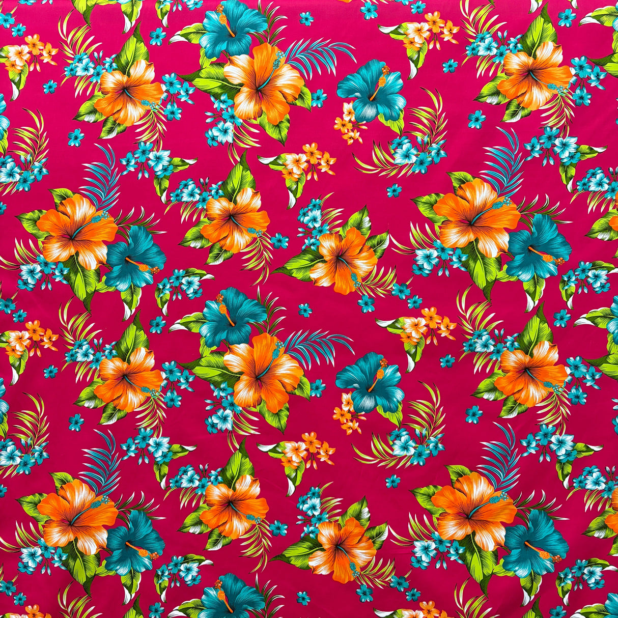 Hibiscus Palm Leaves Cluster All Over Design Cotton Fabric - Purple, Fuchsia, Yellow, Orange, Blue, 36" X 45" (1 Yard)