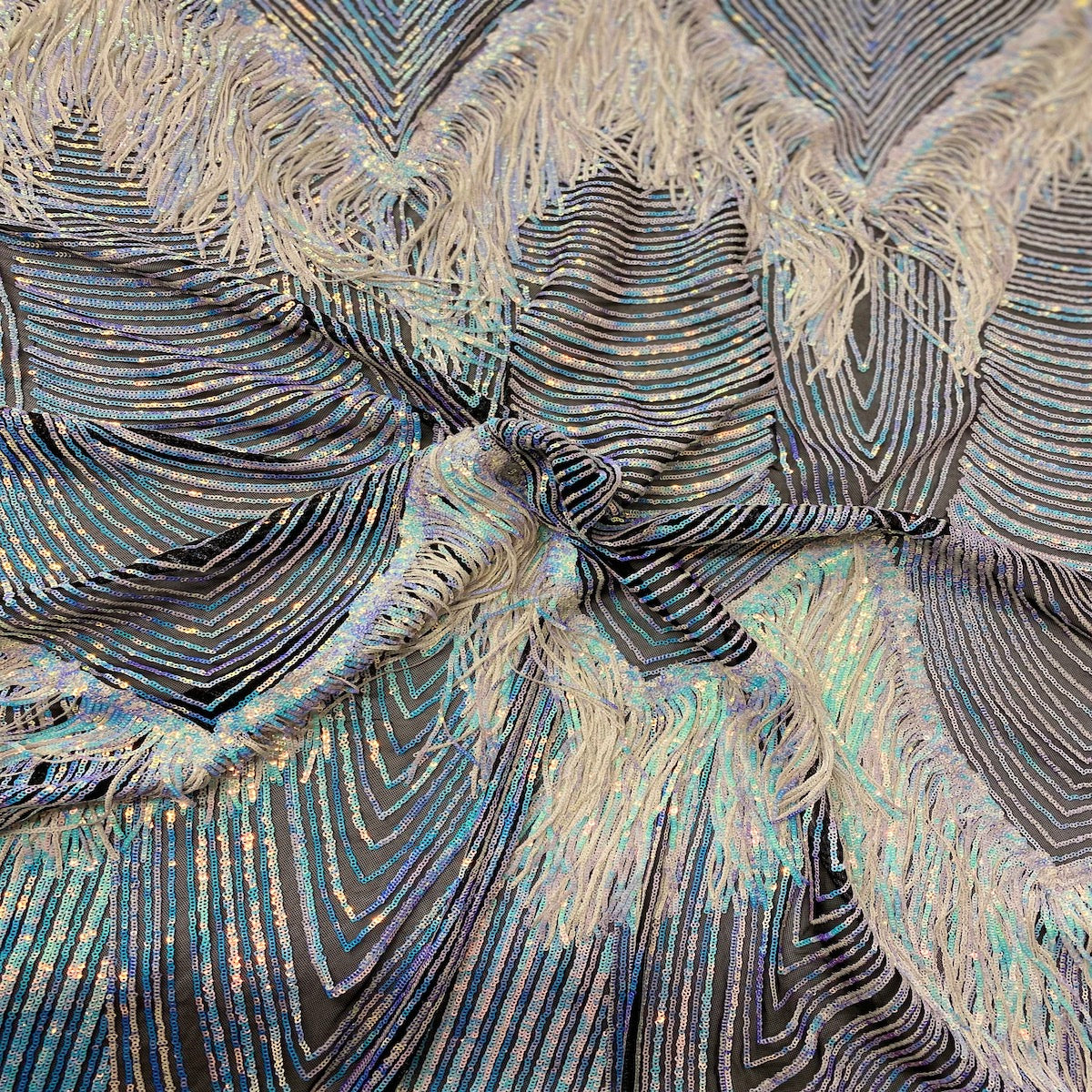 Flamingo Fringe Embroidered Stretch Sequin Fabric - Nylon Spandex Mesh Fabric, Fringe Embroidered Sequin, 60" Width, 12" Pattern Repeat (1 Yard)