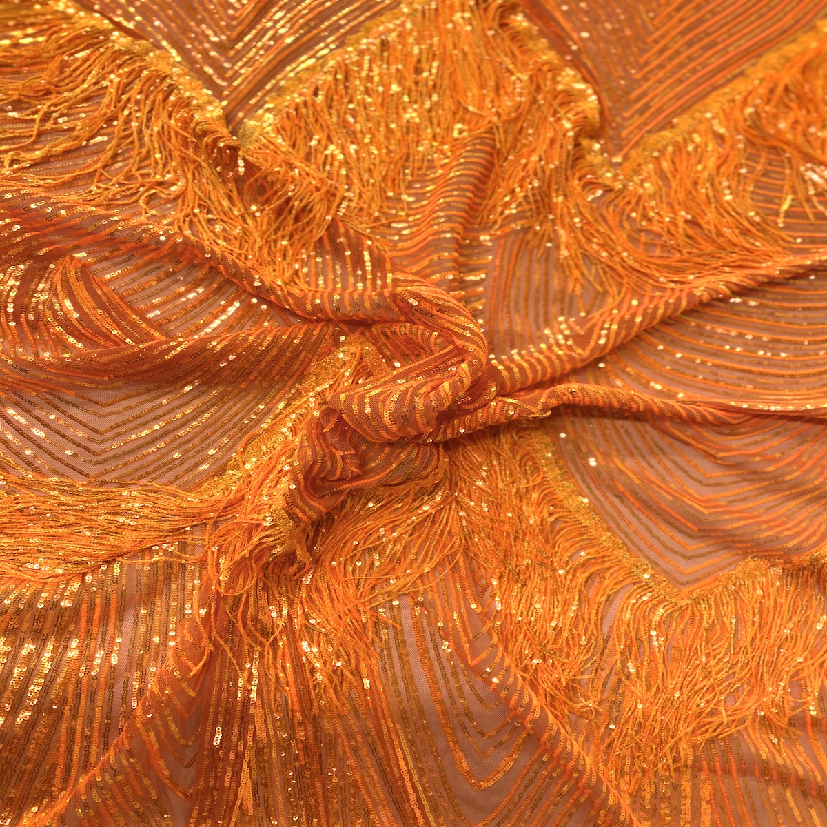 Flamingo Fringe Embroidered Stretch Sequin Fabric - Nylon Spandex Mesh Fabric, Fringe Embroidered Sequin, 60" Width, 12" Pattern Repeat (1 Yard)