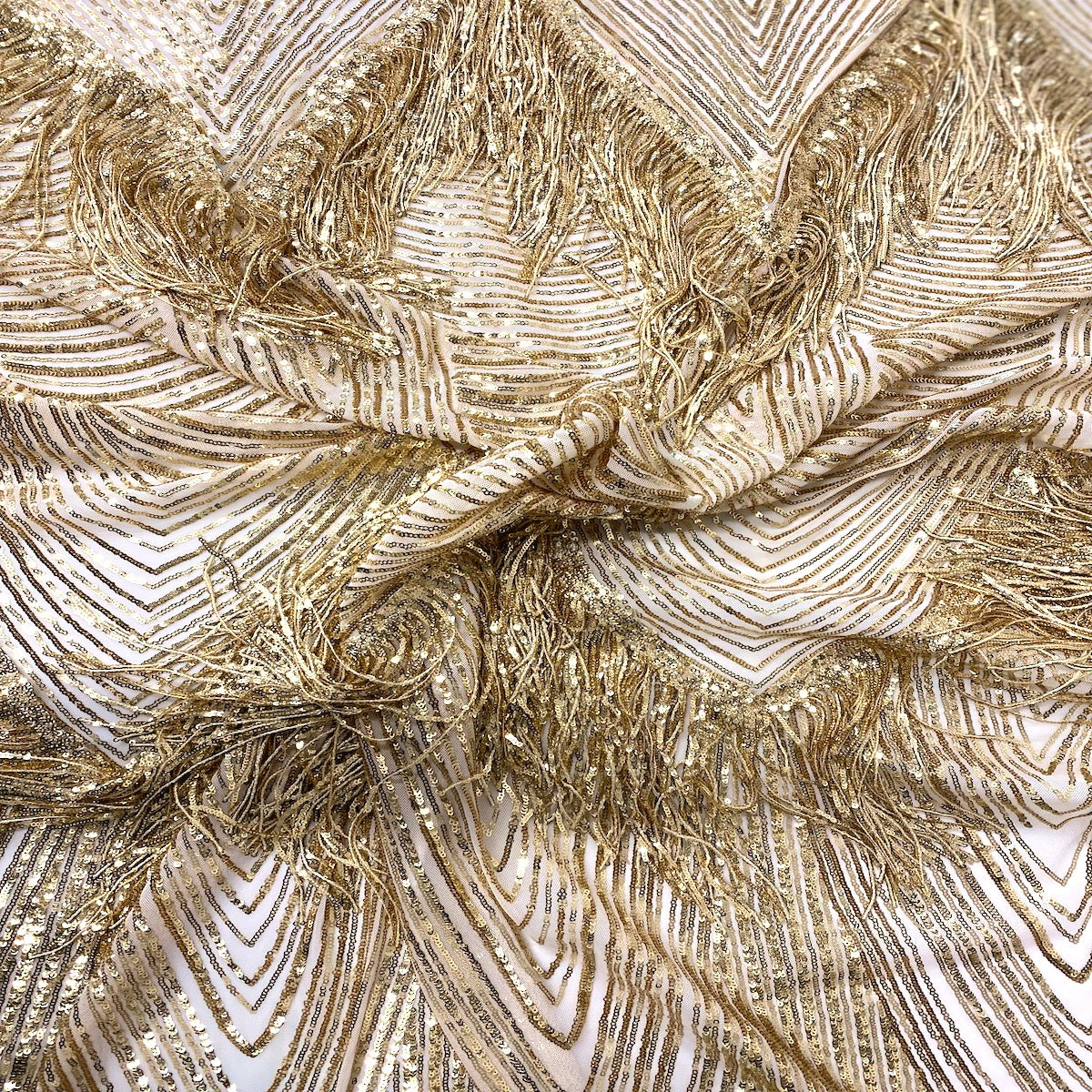 Flamingo Fringe Embroidered Stretch Sequin Fabric - Nylon Spandex Mesh Fabric, Fringe Embroidered Sequin, 60" Width, 12" Pattern Repeat (1 Yard)