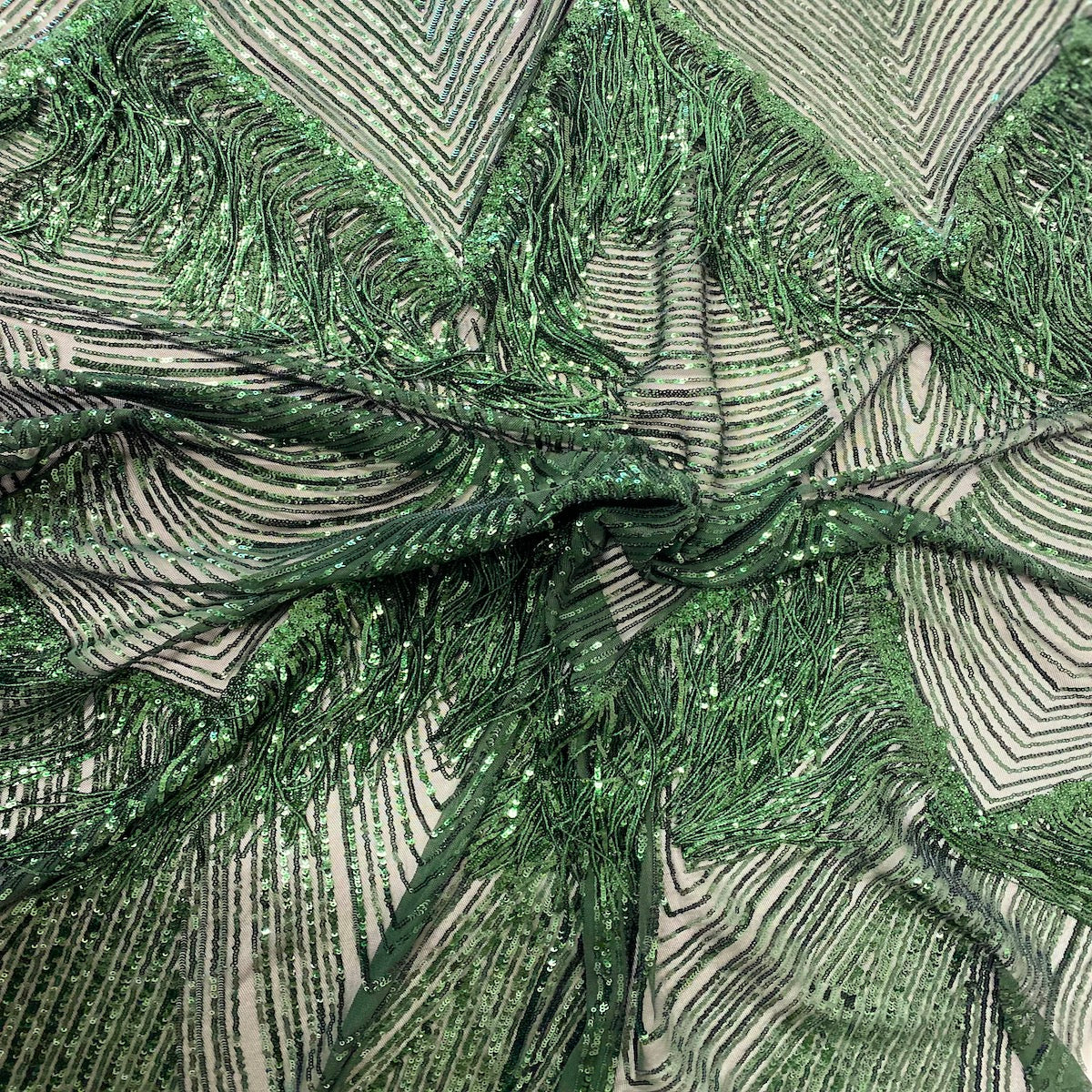 Flamingo Fringe Embroidered Stretch Sequin Fabric - Nylon Spandex Mesh Fabric, Fringe Embroidered Sequin, 60" Width, 12" Pattern Repeat (1 Yard)