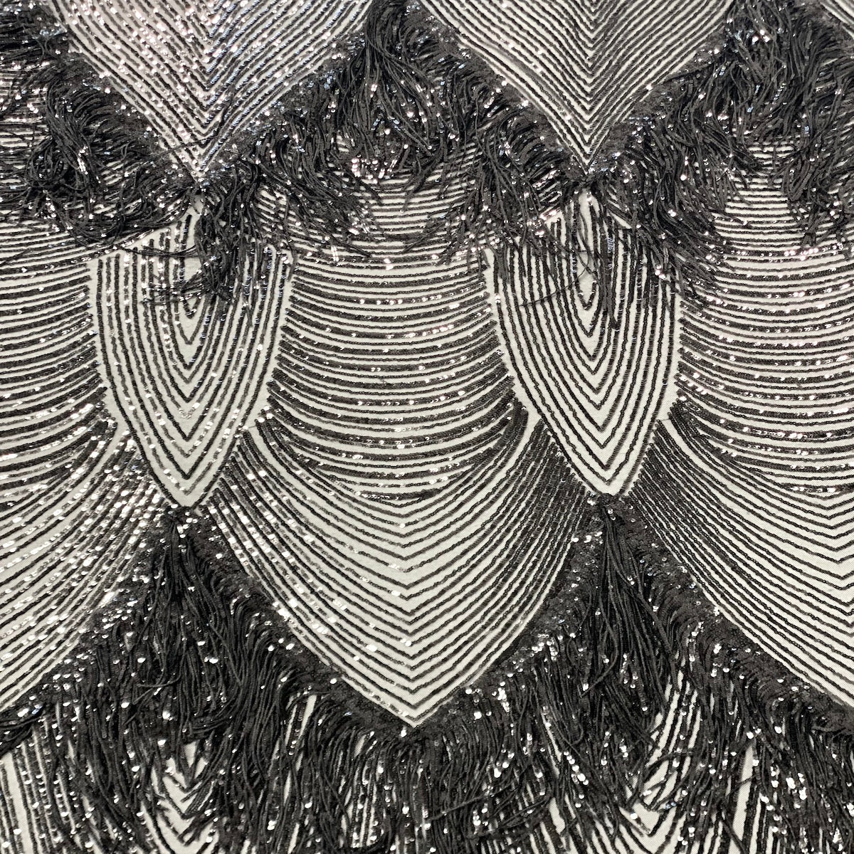 Flamingo Fringe Embroidered Stretch Sequin Fabric - Nylon Spandex Mesh Fabric, Fringe Embroidered Sequin, 60" Width, 12" Pattern Repeat (1 Yard)