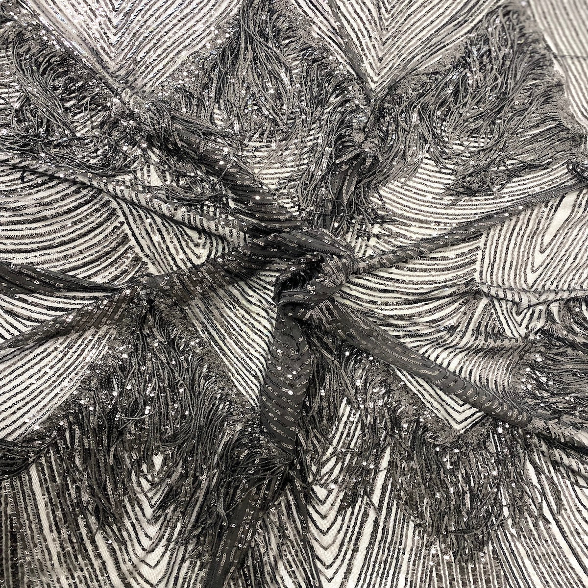 Flamingo Fringe Embroidered Stretch Sequin Fabric - Nylon Spandex Mesh Fabric, Fringe Embroidered Sequin, 60" Width, 12" Pattern Repeat (1 Yard)