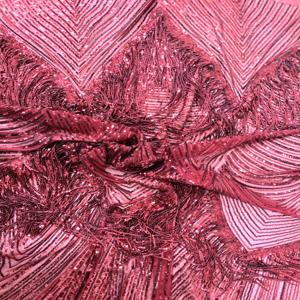 Flamingo Fringe Embroidered Stretch Sequin Fabric - Nylon Spandex Mesh Fabric, Fringe Embroidered Sequin, 60" Width, 12" Pattern Repeat (1 Yard)