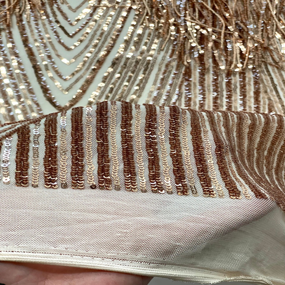 Flamingo Fringe Embroidered Stretch Sequin Fabric - Nylon Spandex Mesh Fabric, Fringe Embroidered Sequin, 60" Width, 12" Pattern Repeat (1 Yard)