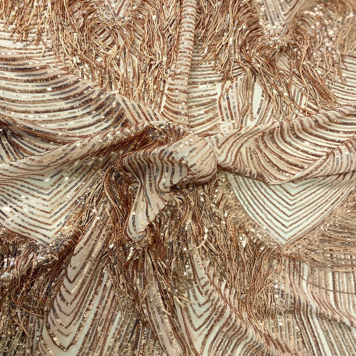 Flamingo Fringe Embroidered Stretch Sequin Fabric - Nylon Spandex Mesh Fabric, Fringe Embroidered Sequin, 60" Width, 12" Pattern Repeat (1 Yard)