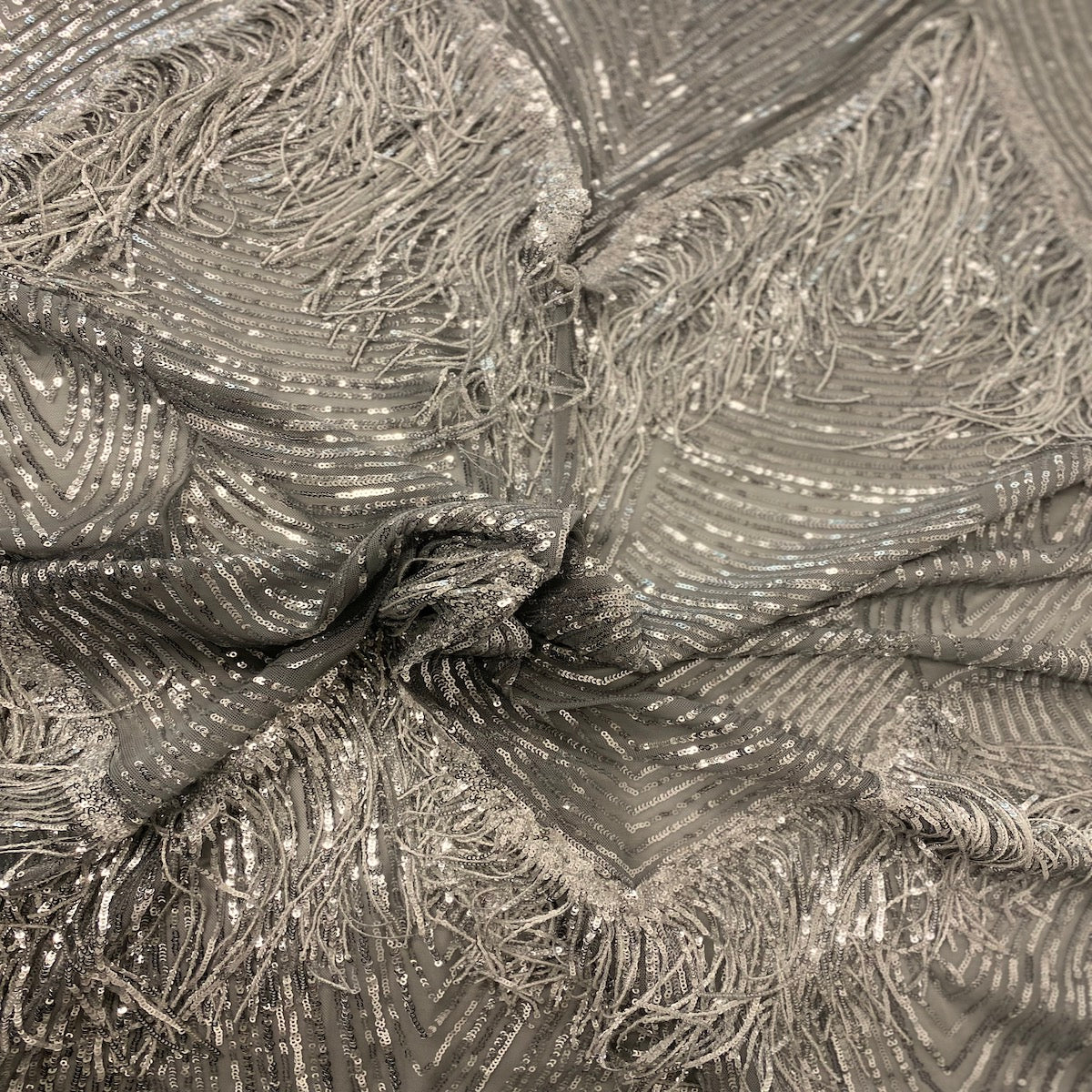 Flamingo Fringe Embroidered Stretch Sequin Fabric - Nylon Spandex Mesh Fabric, Fringe Embroidered Sequin, 60" Width, 12" Pattern Repeat (1 Yard)