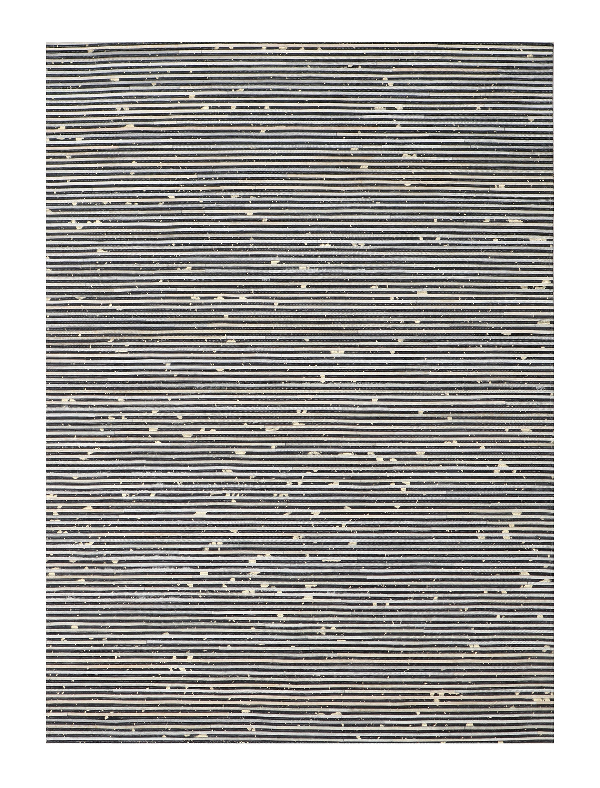Patchwork PCH222 Hairon Leather Fabric - Cream & Black Geometric Striped Patchwork With Gold Accents, Black/White, 100% Hairon Leather With Felt Backing, Made In India (5' X 7')