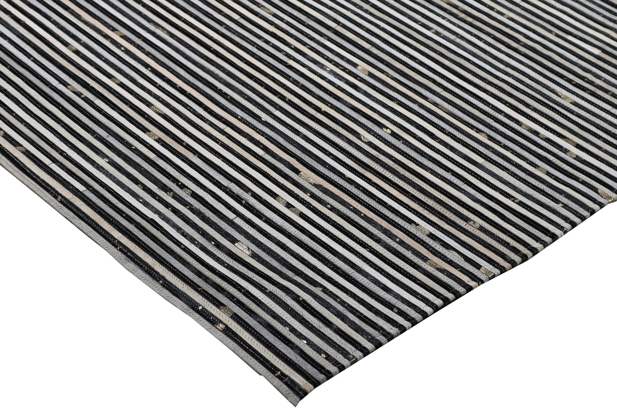 Patchwork PCH222 Hairon Leather Fabric - Cream & Black Geometric Striped Patchwork With Gold Accents, Black/White, 100% Hairon Leather With Felt Backing, Made In India (5' X 7')