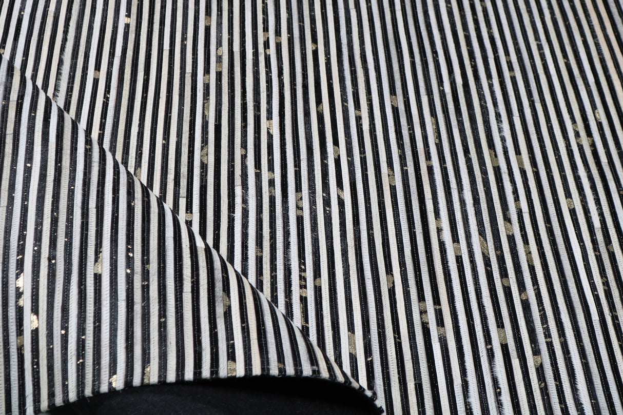 Patchwork PCH222 Hairon Leather Fabric - Cream & Black Geometric Striped Patchwork With Gold Accents, Black/White, 100% Hairon Leather With Felt Backing, Made In India (5' X 7')