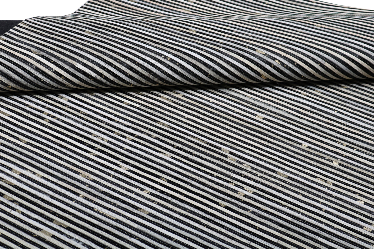 Patchwork PCH222 Hairon Leather Fabric - Cream & Black Geometric Striped Patchwork With Gold Accents, Black/White, 100% Hairon Leather With Felt Backing, Made In India (5' X 7')