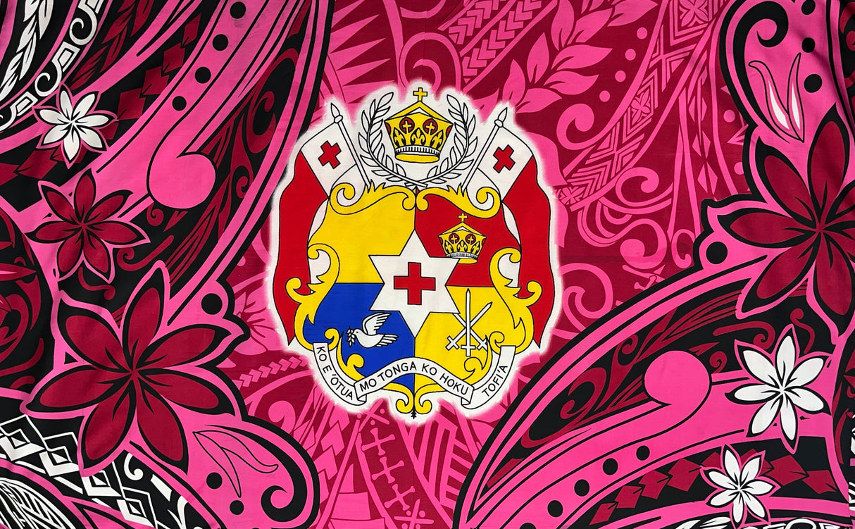 Kingdom Of Tonga Seal Tiare Polyester Fabric - Red, Fuchsia, Royal, Green, Tribal Motif, 62" L X 45" W (1 Piece)