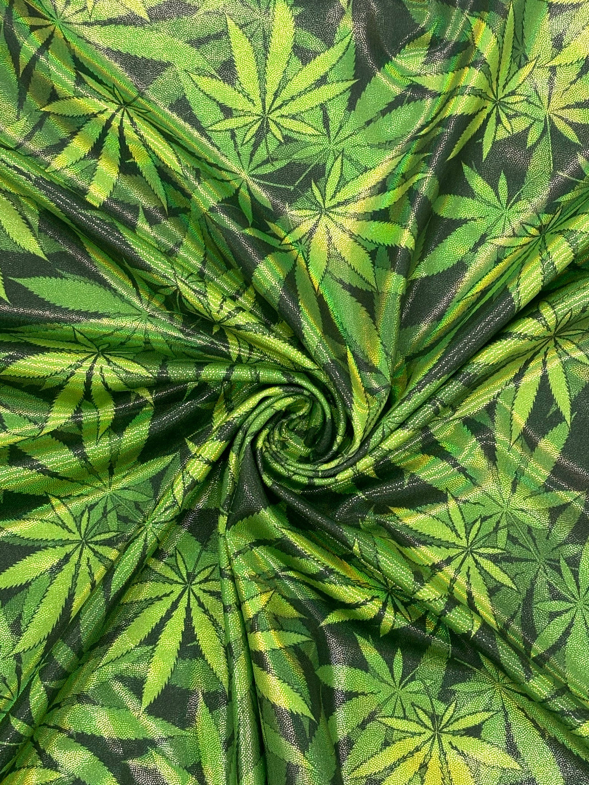 Marijuana Leaf Holographic Mystique Spandex Fabric - Holographic, Metallic, 4-Way Stretch (1 Yard)