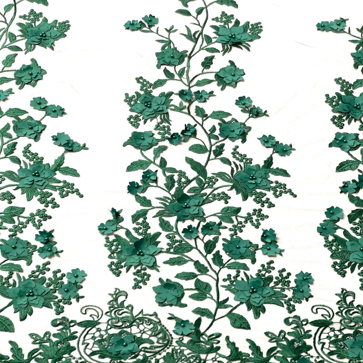 3D Embroidered Satin Floral Pearl Lace Fabric - 100 Percent Polyester Fabric, Floral Pearl Embroidery, 52" Width, 12" Panel (1 Yard)