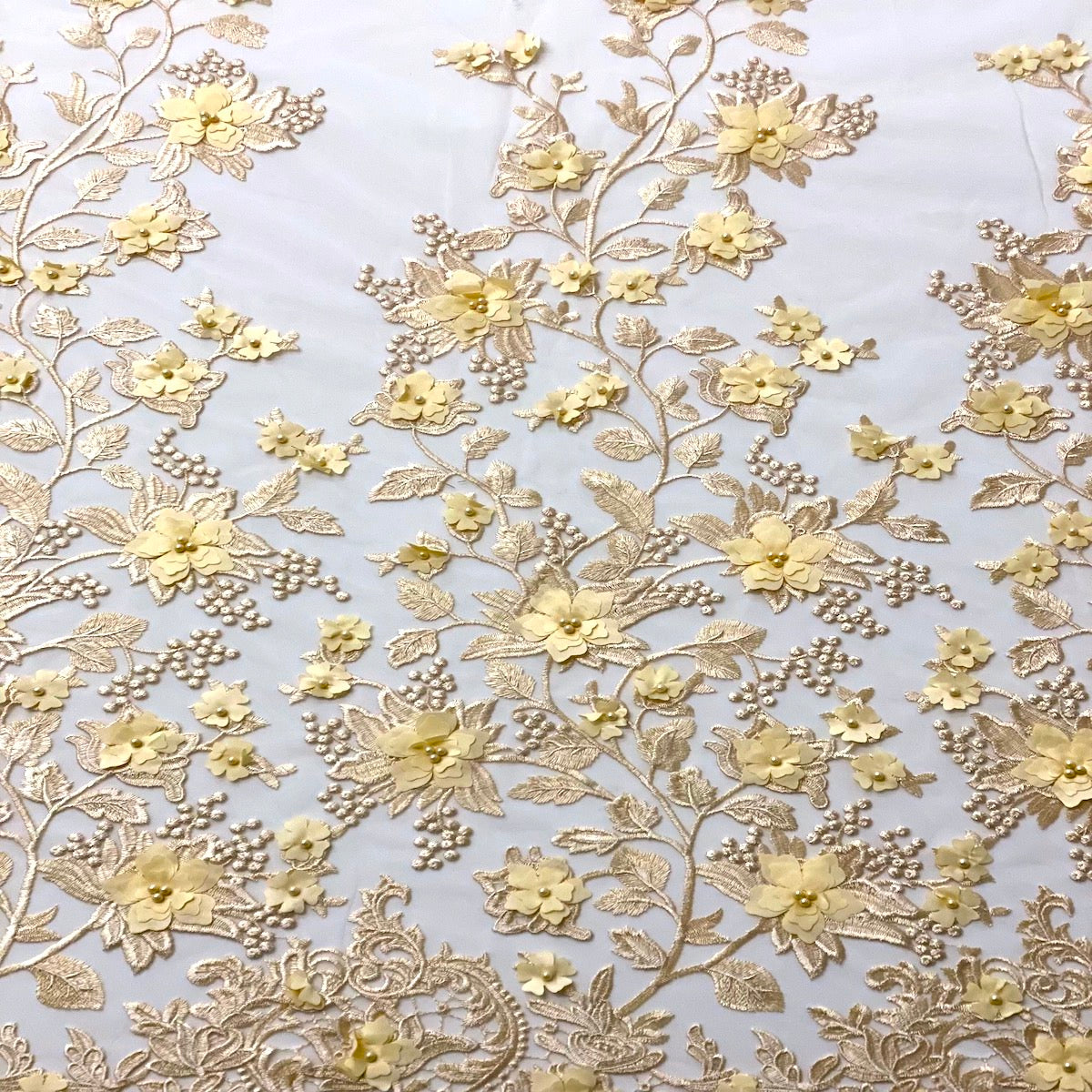 3D Embroidered Satin Floral Pearl Lace Fabric - 100 Percent Polyester Fabric, Floral Pearl Embroidery, 52" Width, 12" Panel (1 Yard)