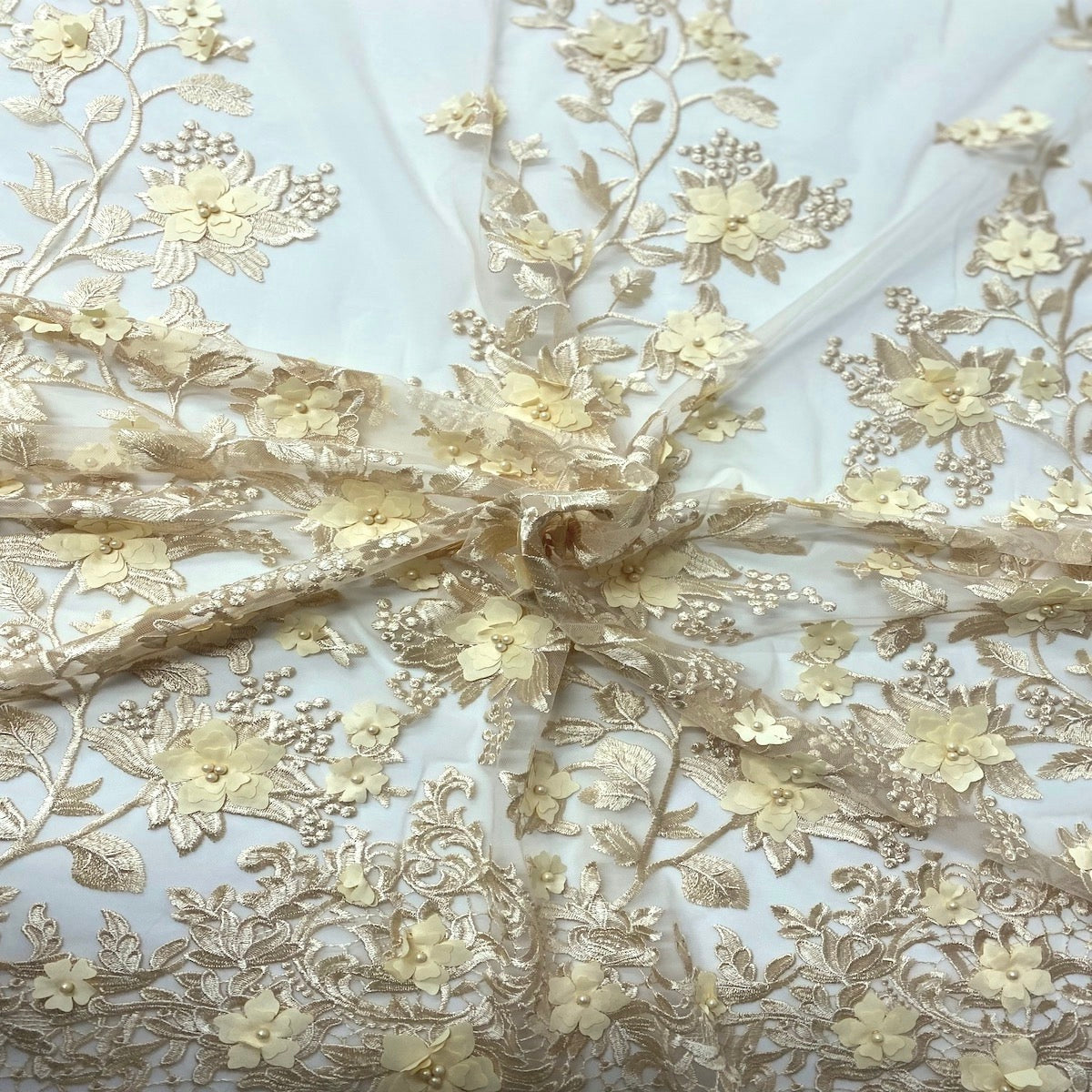 3D Embroidered Satin Floral Pearl Lace Fabric - 100 Percent Polyester Fabric, Floral Pearl Embroidery, 52" Width, 12" Panel (1 Yard)