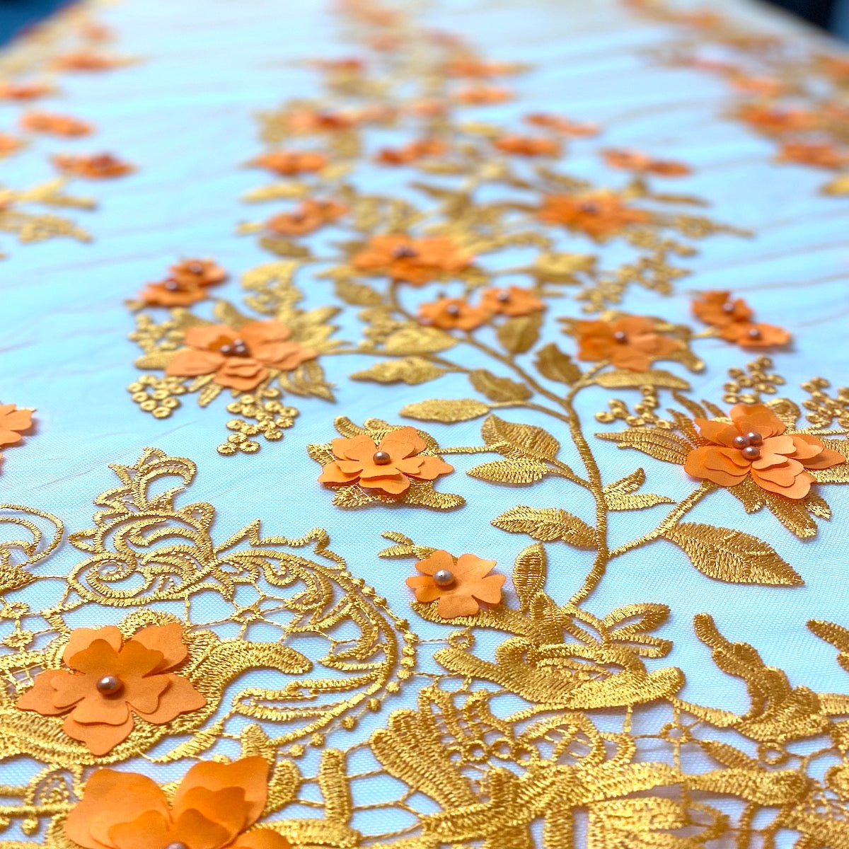3D Embroidered Satin Floral Pearl Lace Fabric - 100 Percent Polyester Fabric, Floral Pearl Embroidery, 52" Width, 12" Panel (1 Yard)
