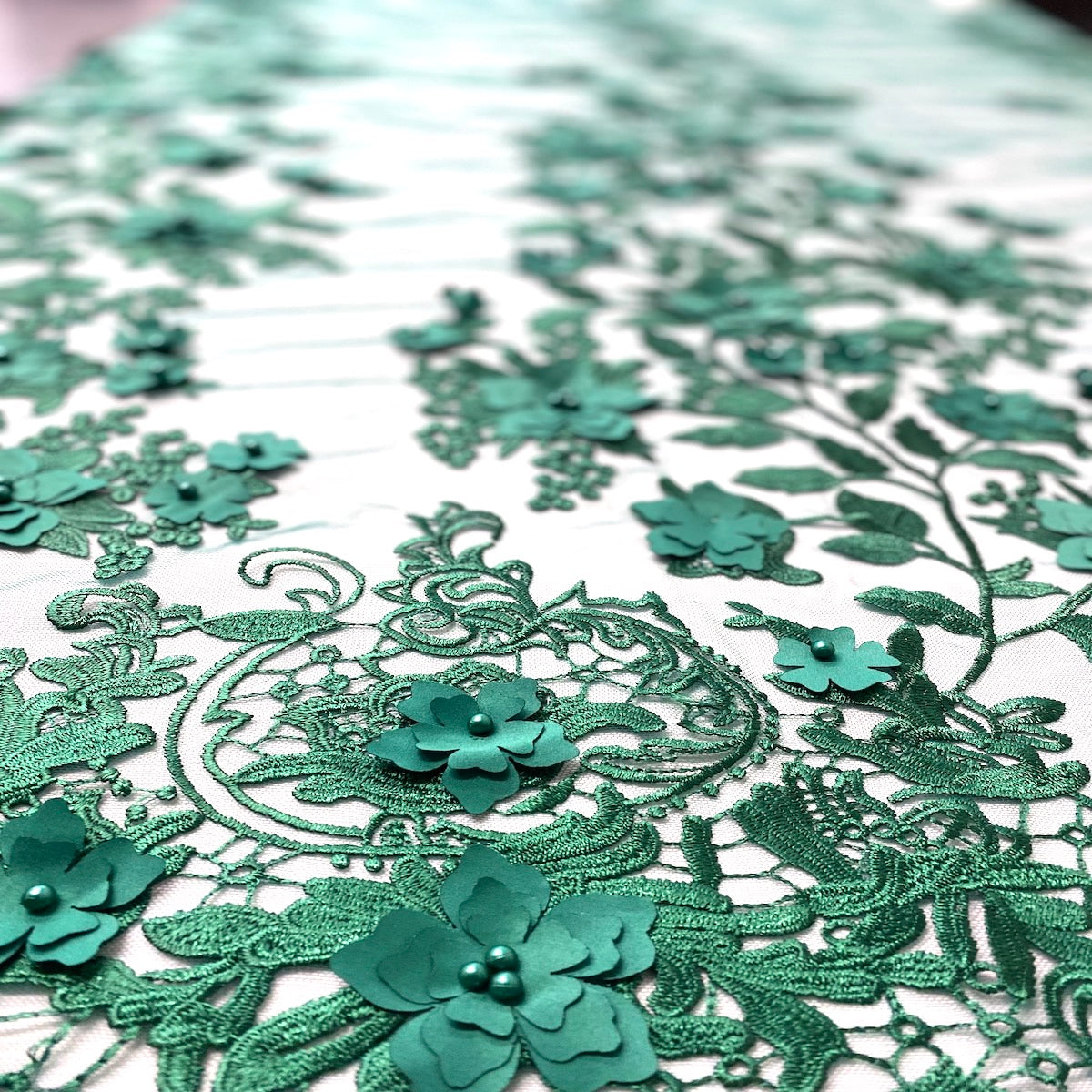 3D Embroidered Satin Floral Pearl Lace Fabric - 100 Percent Polyester Fabric, Floral Pearl Embroidery, 52" Width, 12" Panel (1 Yard)