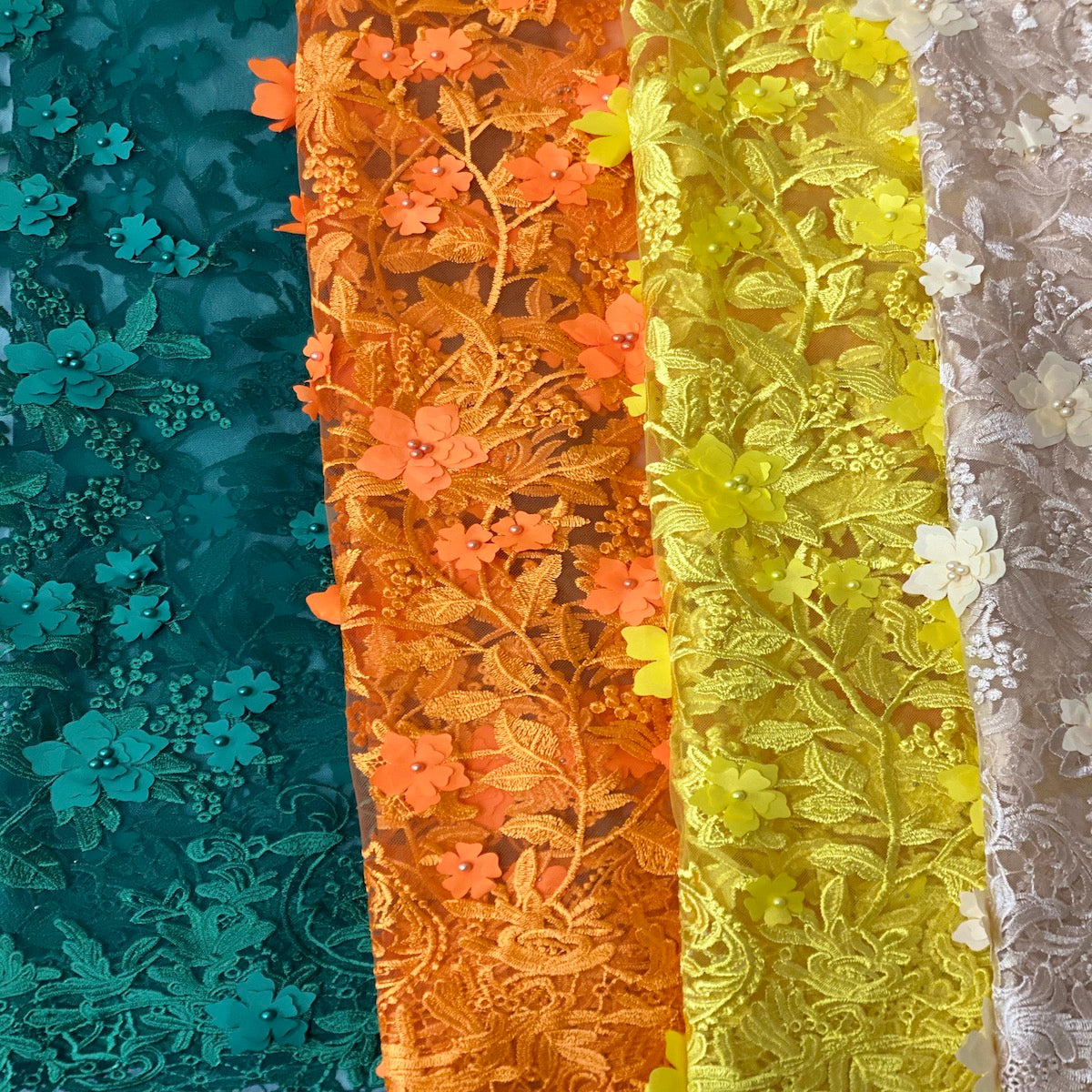 3D Embroidered Satin Floral Pearl Lace Fabric - 100 Percent Polyester Fabric, Floral Pearl Embroidery, 52" Width, 12" Panel (1 Yard)