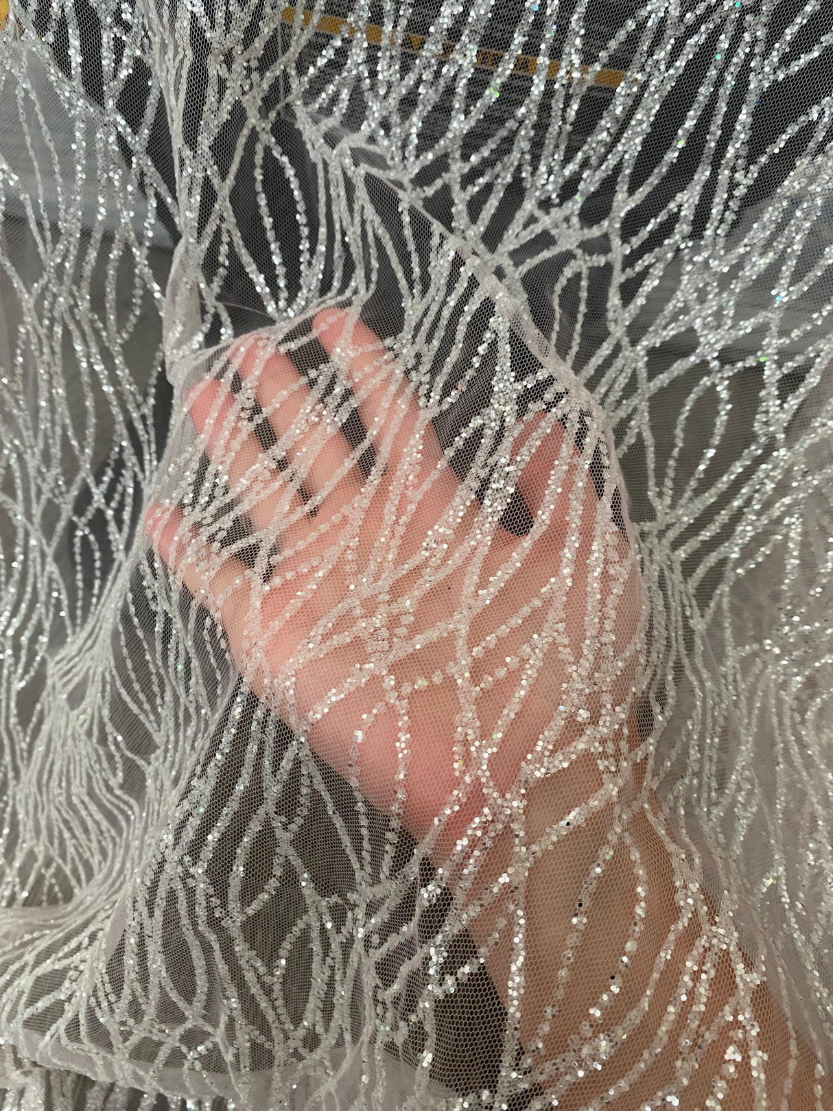 Glitter Lace on Mesh Silver White