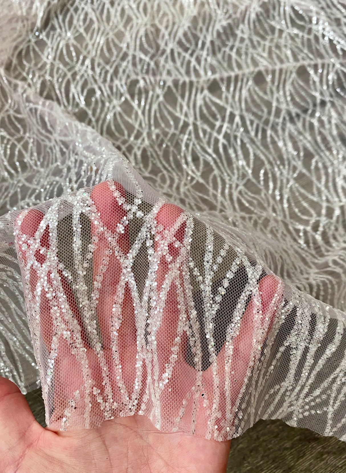 Glitter Lace on Mesh Silver White