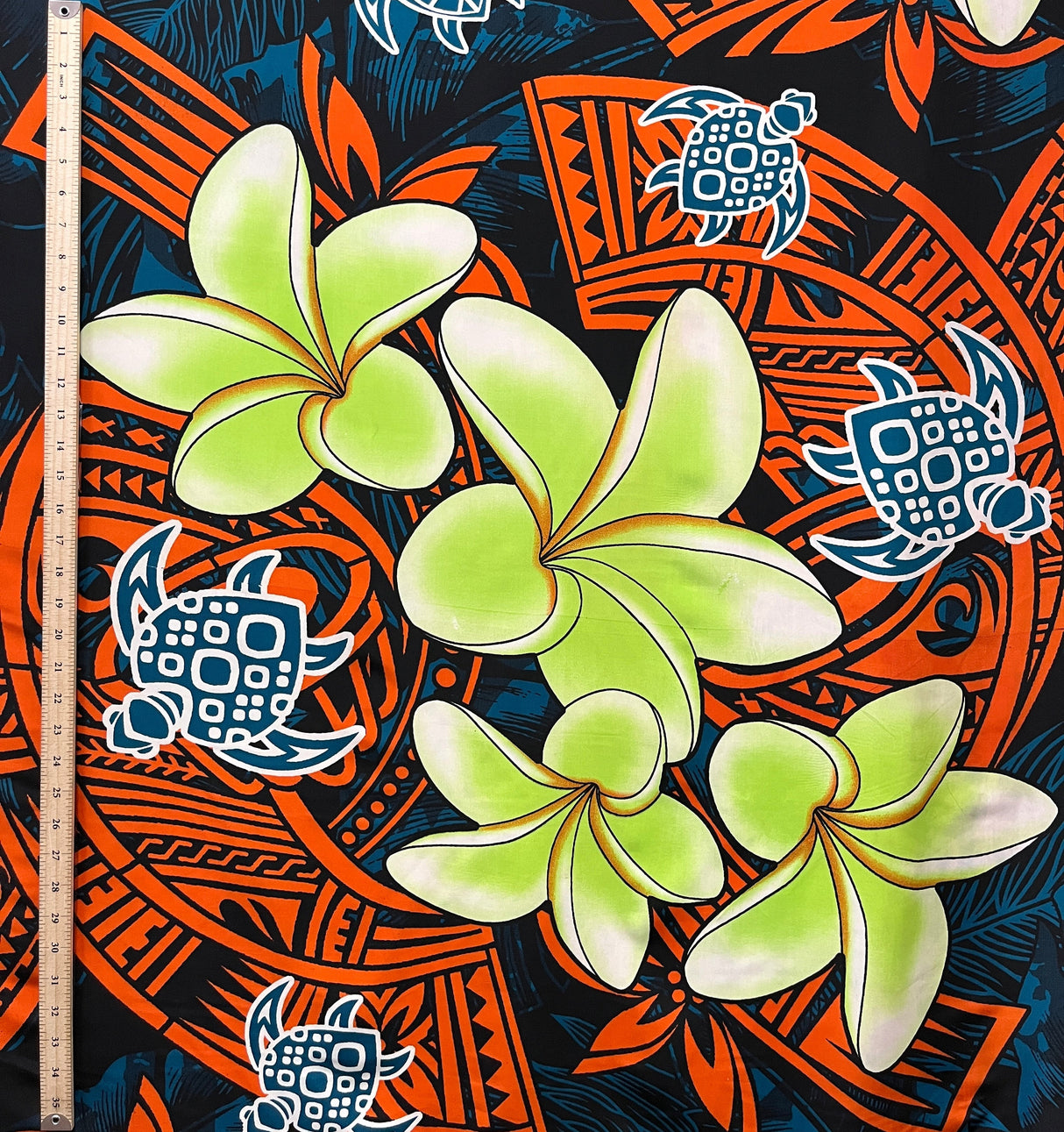 Plumeria Turtles Traditional Tribal Design Peachskin Fabric - Polynesian Hibiscus, Plumeria, Sea Turtle Print, 44/45" Width (1 Yard)