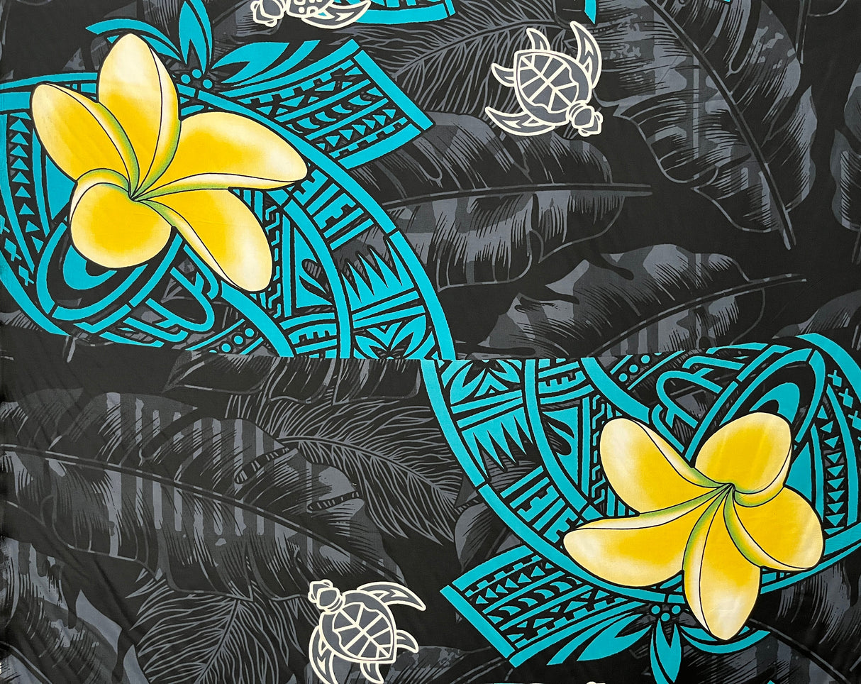 Plumeria Turtles Traditional Tribal Design Peachskin Fabric - Tribal Polynesian Print, 44/45" Width (1 Yard)