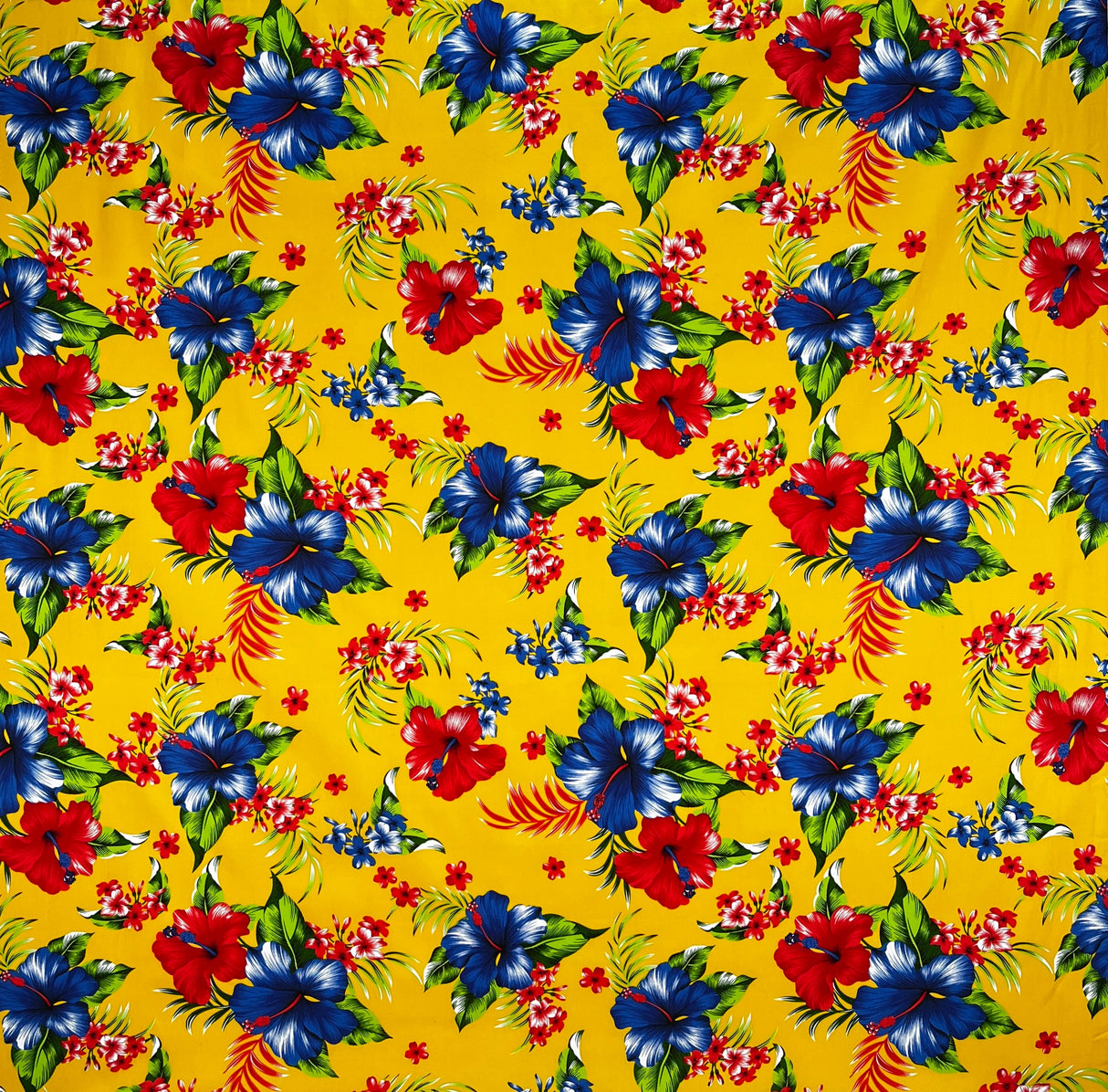 Hibiscus Palm Leaves Cluster All Over Design Cotton Fabric - Purple, Fuchsia, Yellow, Orange, Blue, 36" X 45" (1 Yard)