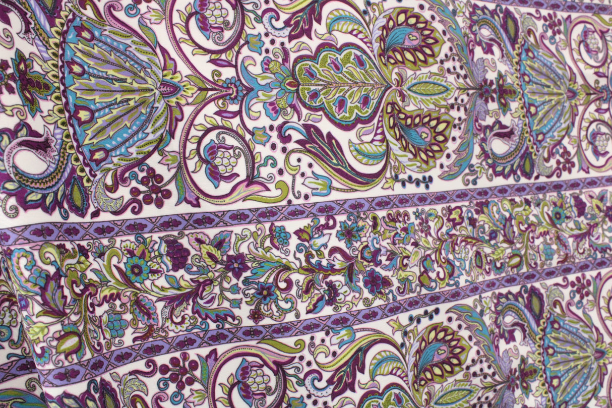 Striped Bohemian Paisley Polyester Spandex Fabric - Teal/Purple Paisley Print, 58"/60" Width (1 Yard)