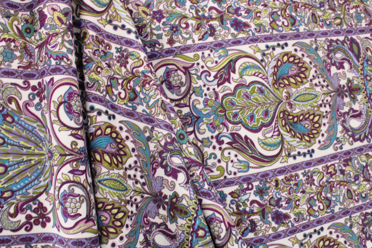 Striped Bohemian Paisley Polyester Spandex Fabric - Teal/Purple Paisley Print, 58"/60" Width (1 Yard)