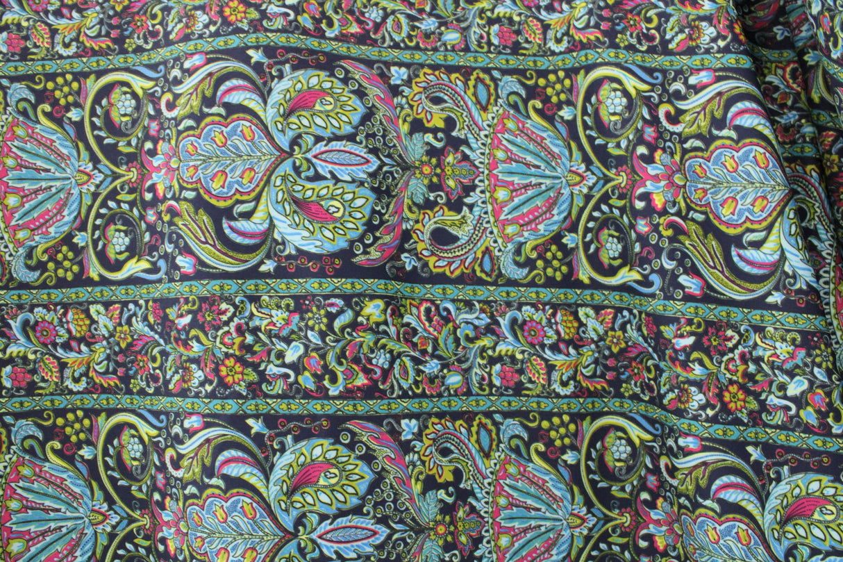 Striped Bohemian Paisley Polyester Spandex Fabric - Teal/Purple Paisley Print, 58"/60" Width (1 Yard)