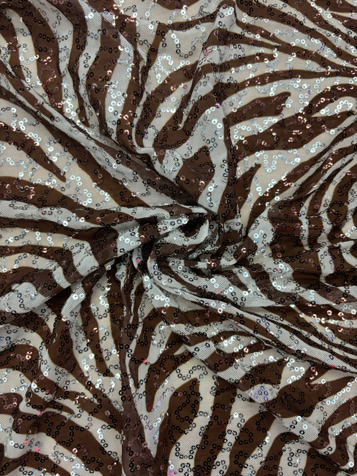 Brown Zebra Print Sequin Mesh Fabric - Brown Zebra Print, 4-Way Stretch, Medium Weight (1 Yard)