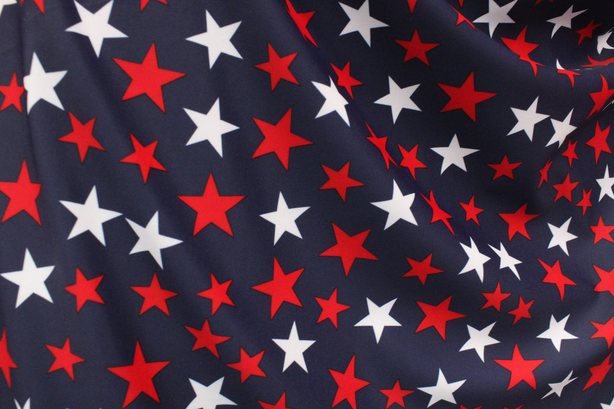Patriotic Stars Polyester Spandex Fabric - Red, White, And Blue Star Print, 58"/60" Width (1 Yard)