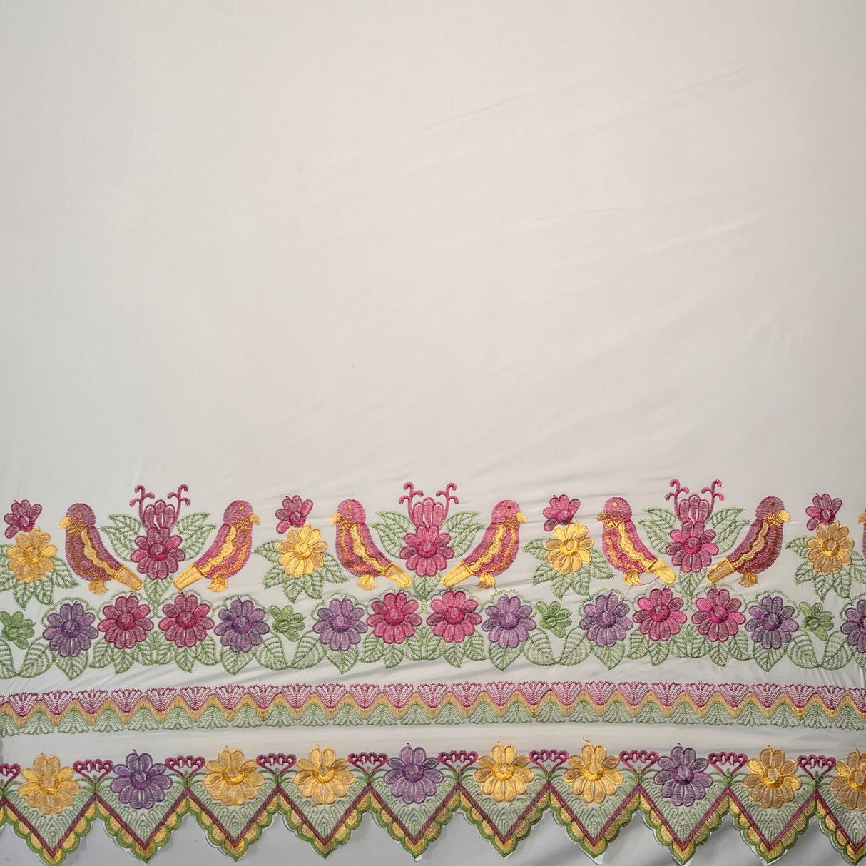 Floral Bird Embroidered Polyester Fabric - Floral Bird Embroidery, Multi Color Border, 56" Width (1 Yard)