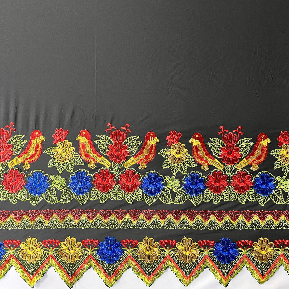 Floral Bird Embroidered Polyester Fabric - Floral Bird Embroidery, Multi Color Border, 56" Width (1 Yard)
