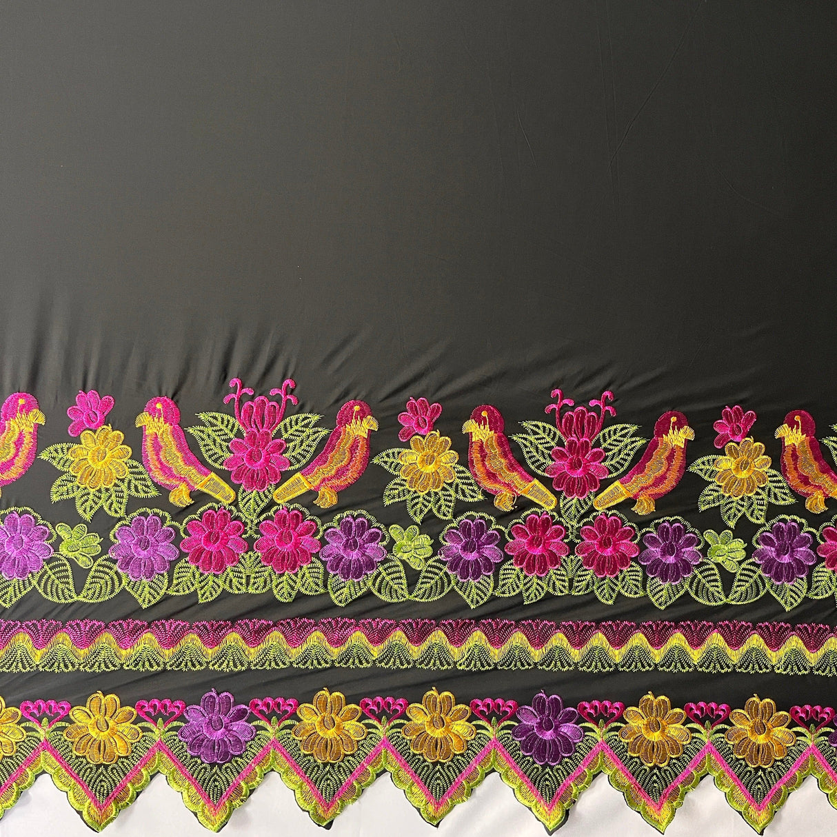 Floral Bird Embroidered Polyester Fabric - Floral Bird Embroidery, Multi Color Border, 56" Width (1 Yard)