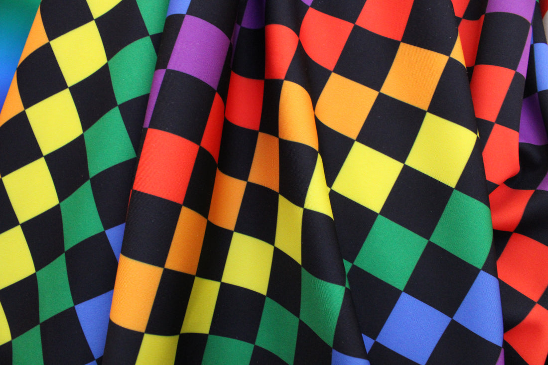 1 Yard Rainbow Checkered Print Stretch Spandex Fabric for Costumes and Activewear 58"/60" Width