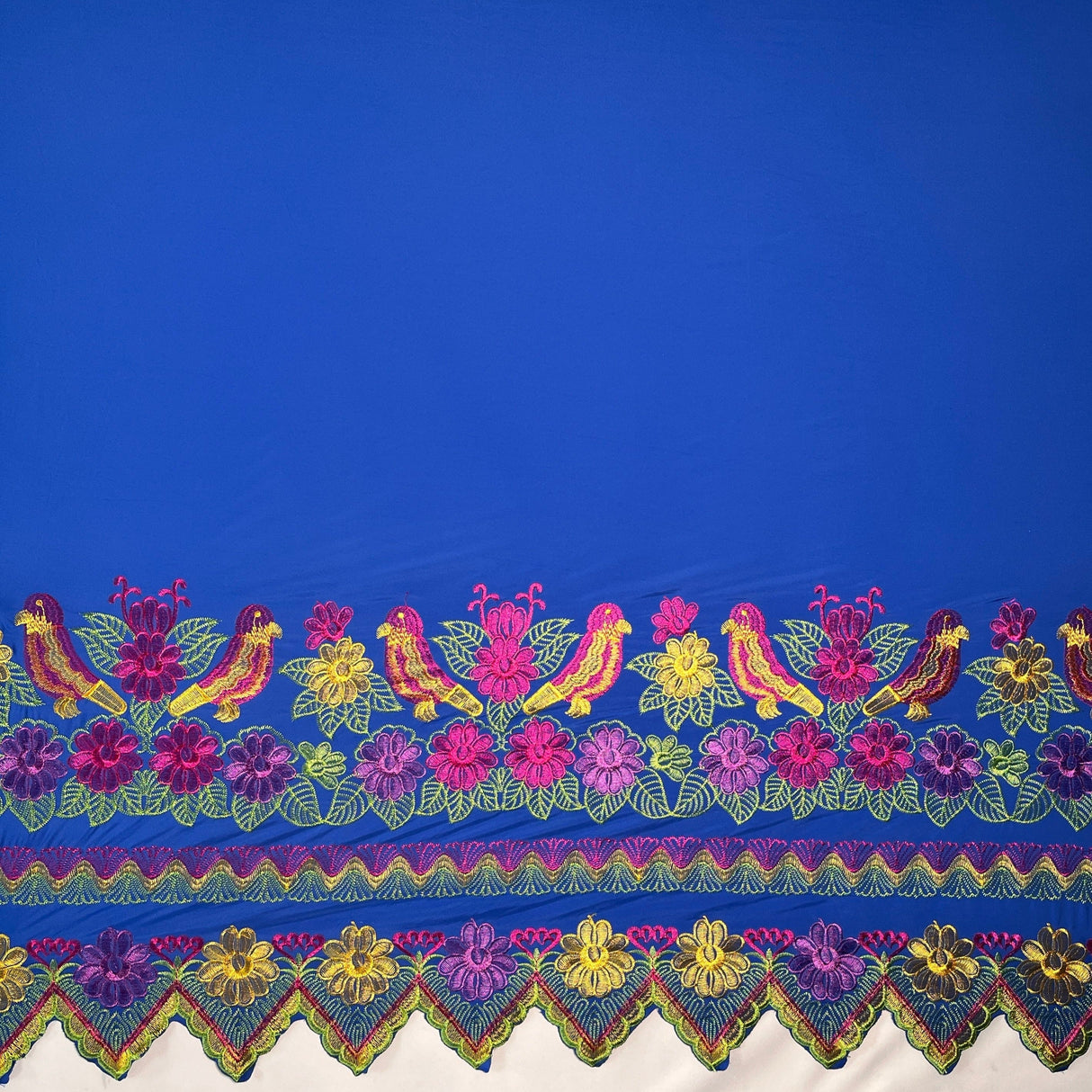 Floral Bird Embroidered Polyester Fabric - Floral Bird Embroidery, Multi Color Border, 56" Width (1 Yard)