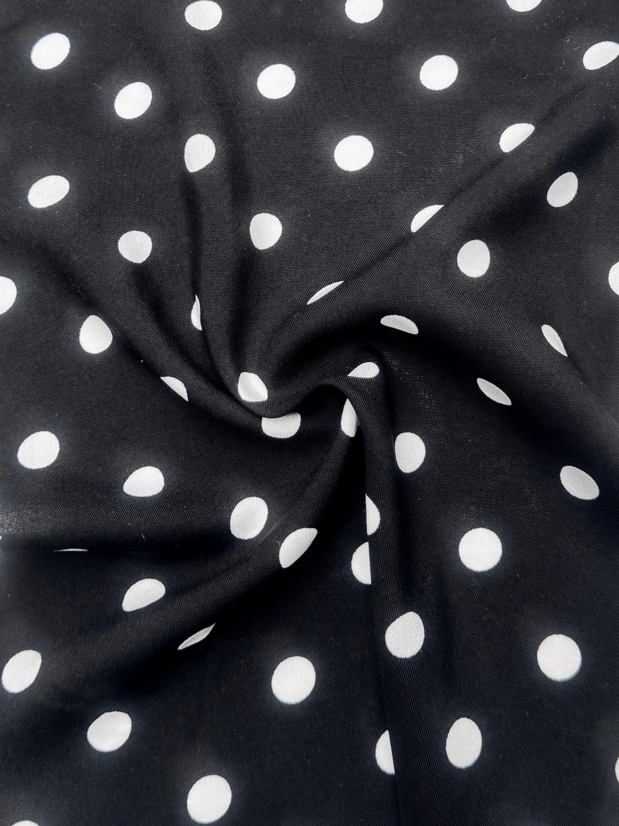 Printed Rayon Challis White Polka Dots Black