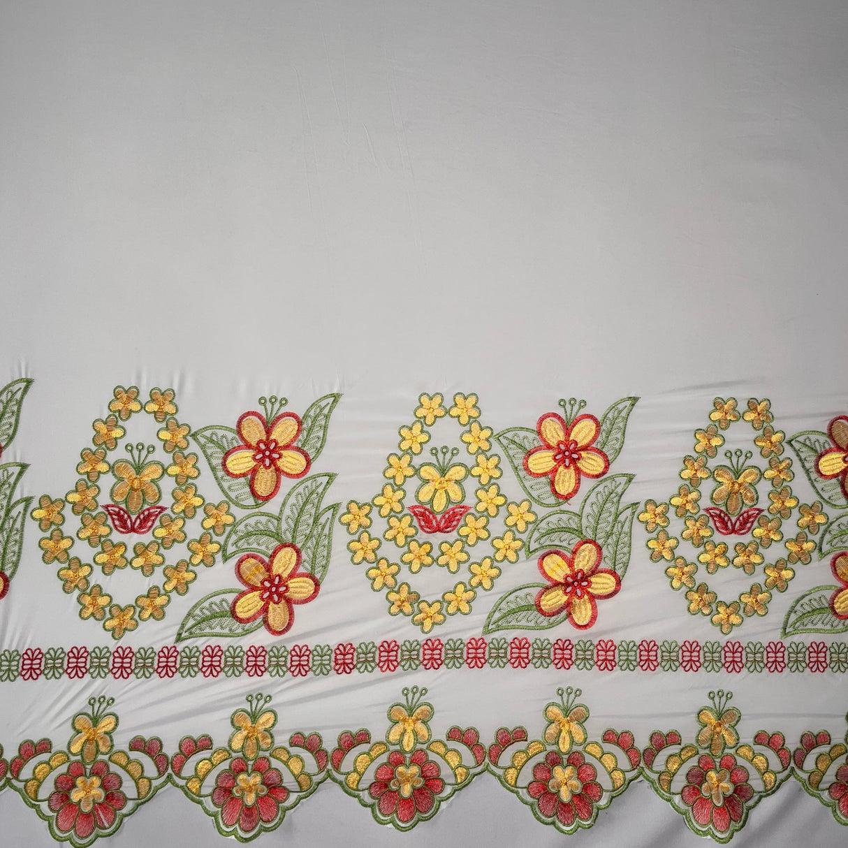 Floral Embroidered Border Polyester Fabric - Multi Color Floral Border, 56" Width, 36" Yard Cut (1 Yard)