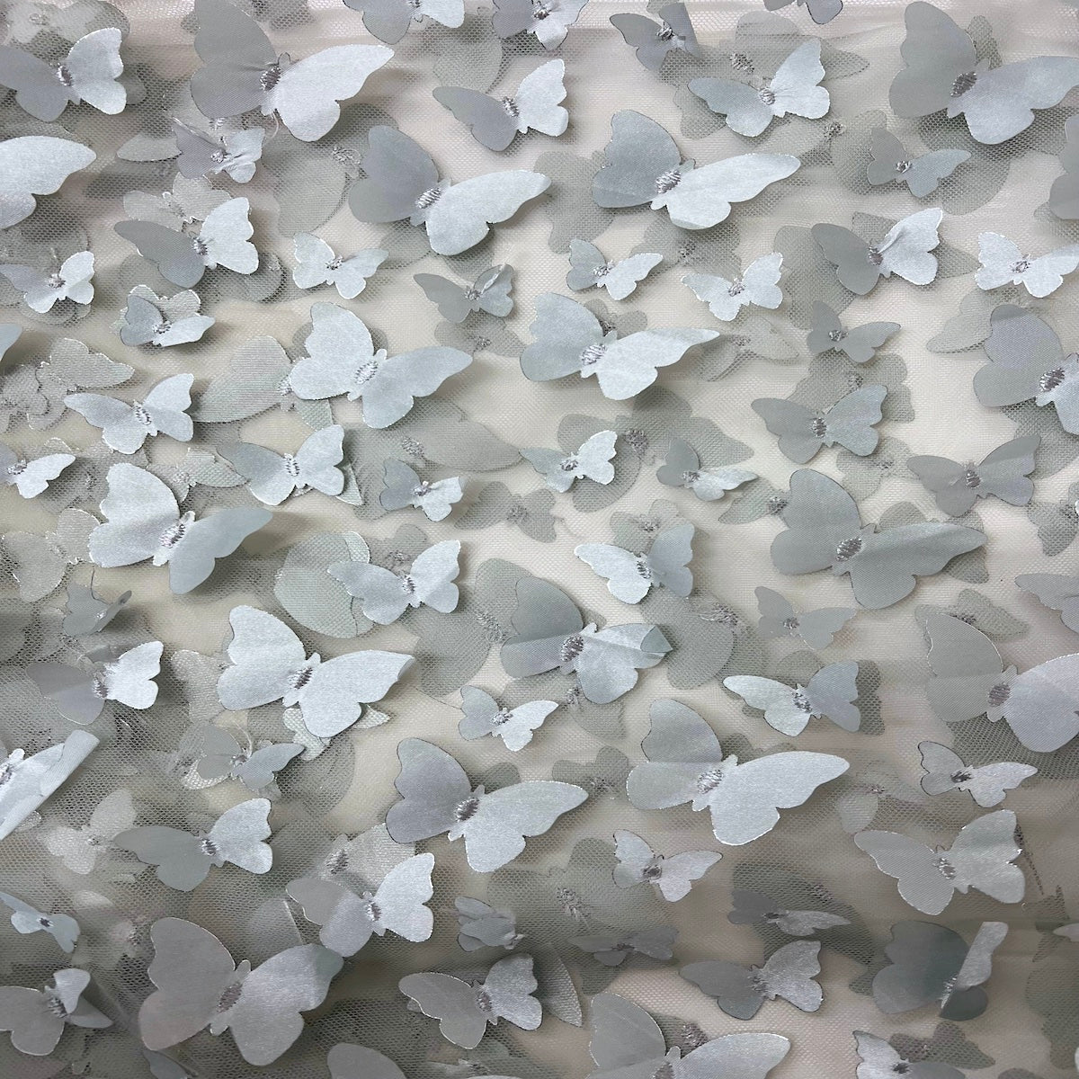 3D Butterfly Embroidered Satin Lace Fabric - 100% Polyester, 4-Way Mechanical Stretch, Mesh Backing, 60" Mesh Width, 54/56" Butterfly Width (1 Yard)