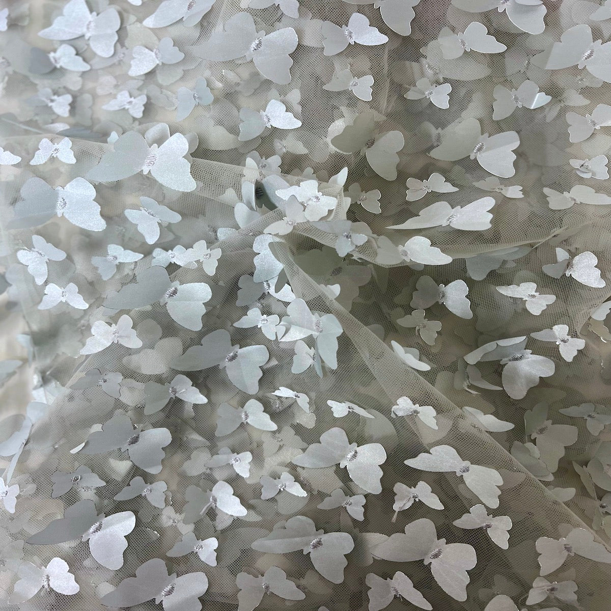 3D Butterfly Embroidered Satin Lace Fabric - 100% Polyester, 4-Way Mechanical Stretch, Mesh Backing, 60" Mesh Width, 54/56" Butterfly Width (1 Yard)