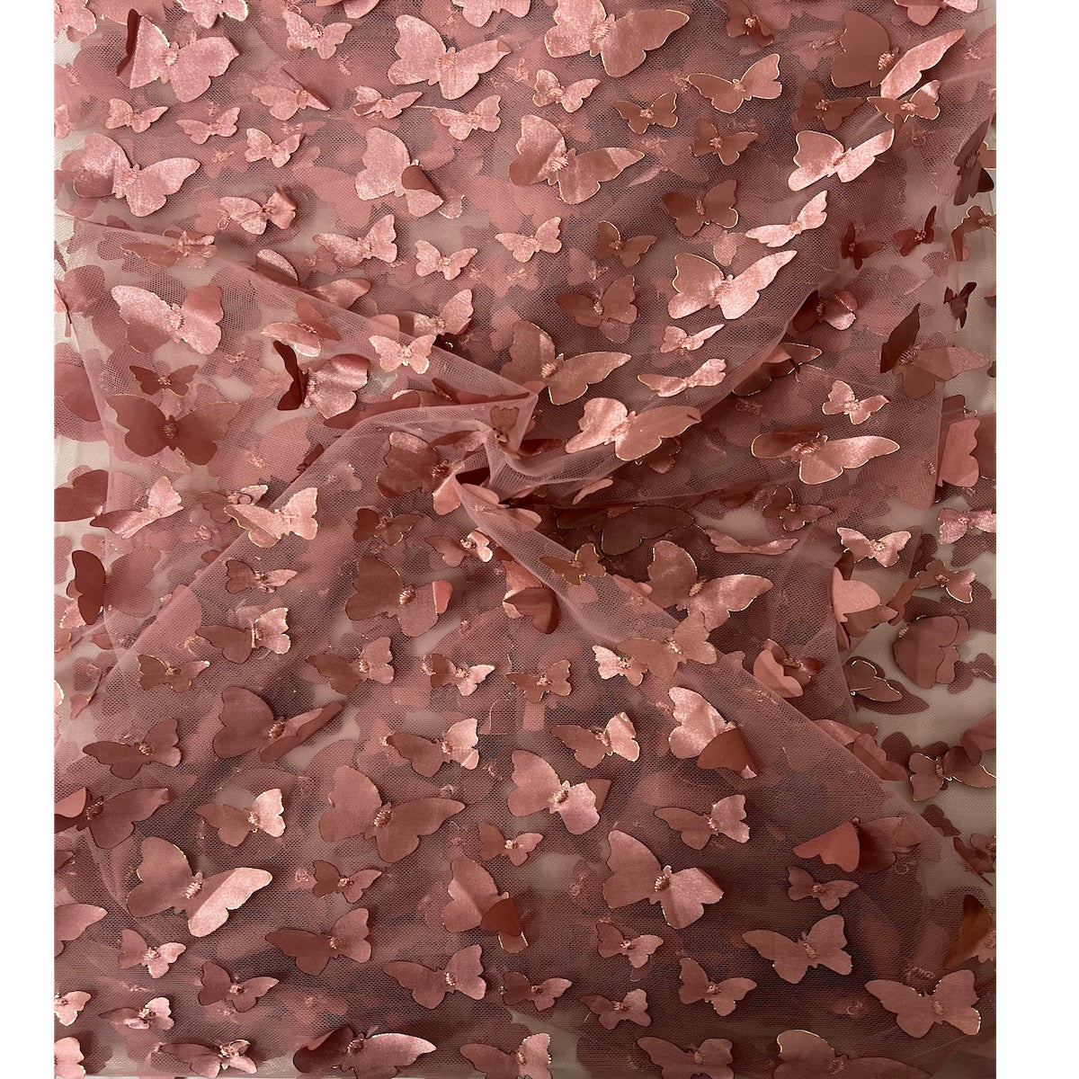 3D Butterfly Embroidered Satin Lace Fabric - 100% Polyester, 4-Way Mechanical Stretch, Mesh Backing, 60" Mesh Width, 54/56" Butterfly Width (1 Yard)